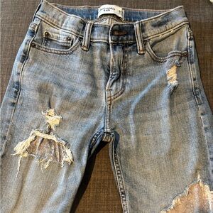 Ambercrombie Kids Age 9-10 Blue Jean shorts with ripped bandana type print.